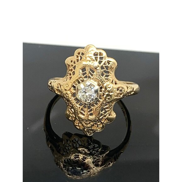 14k Yellow Gold Filigree Diamond Ring 0.25 Carat Vintage Estate Jewelry Size 8.5 - Picture 1 of 15